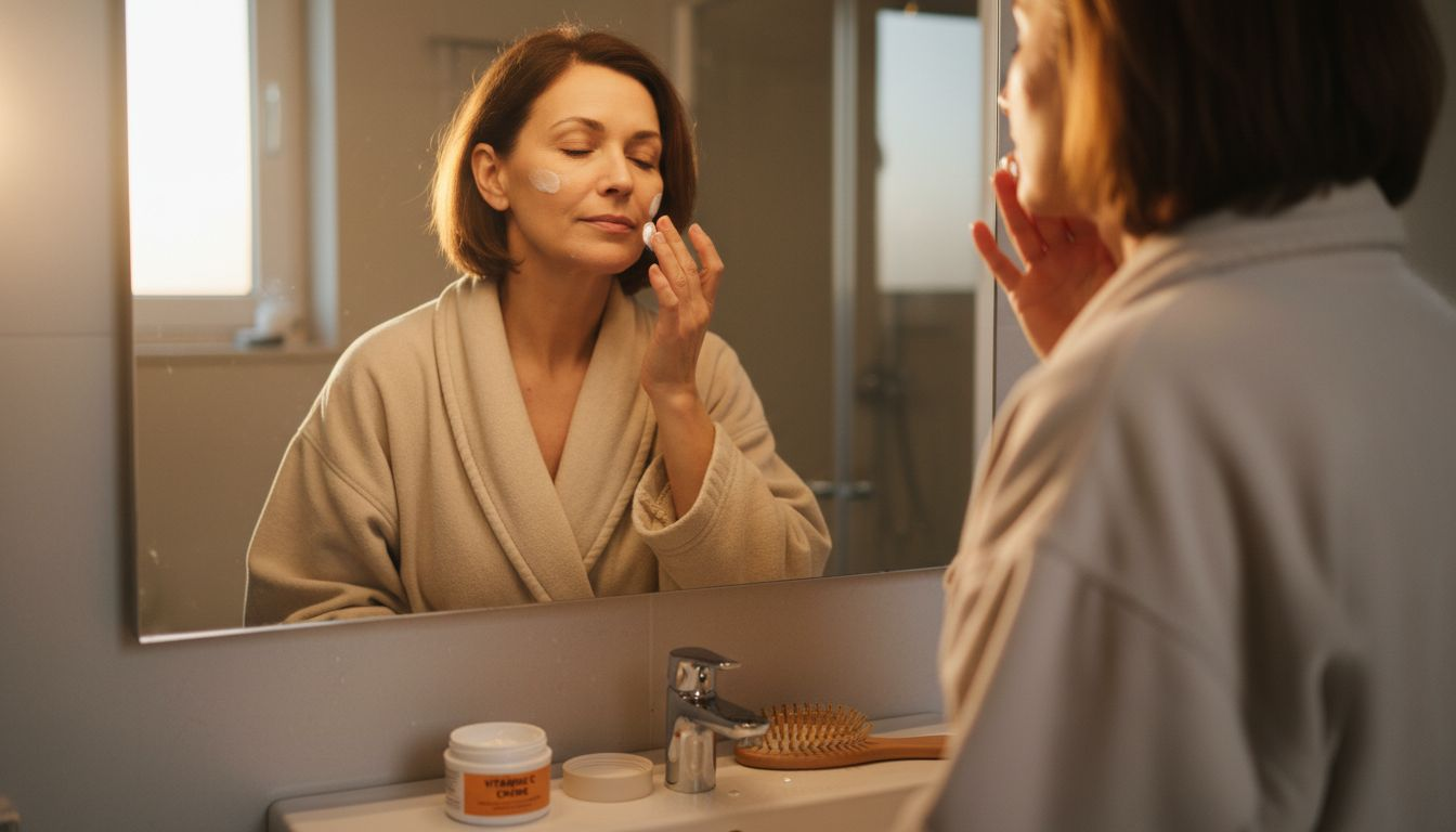 Een vrouw smeert een crème met vitamine C op haar gezicht.