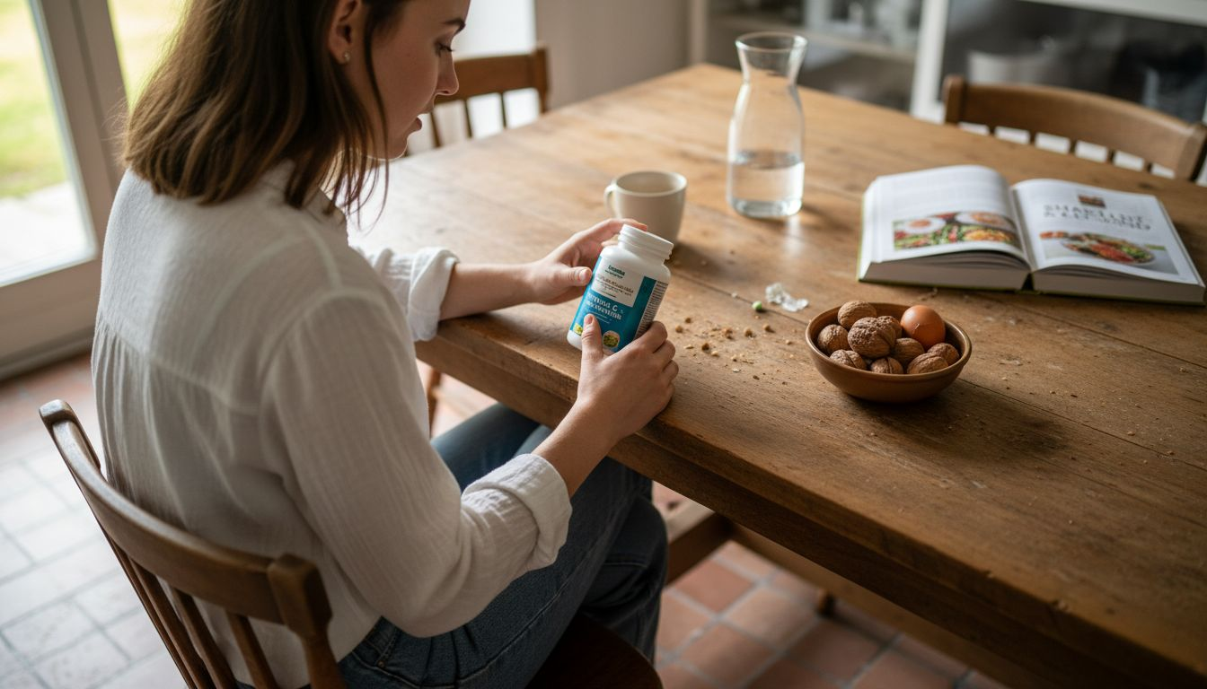 Een gezellige keukentafel vol vitamines, supplementen en verse, gezonde producten