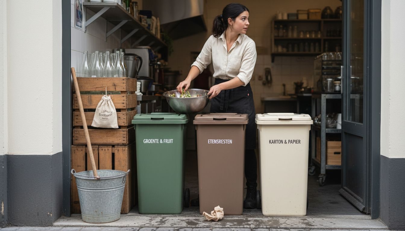 Bij de achterdeur van het restaurant is een medewerker bezig om het afval te scheiden.
