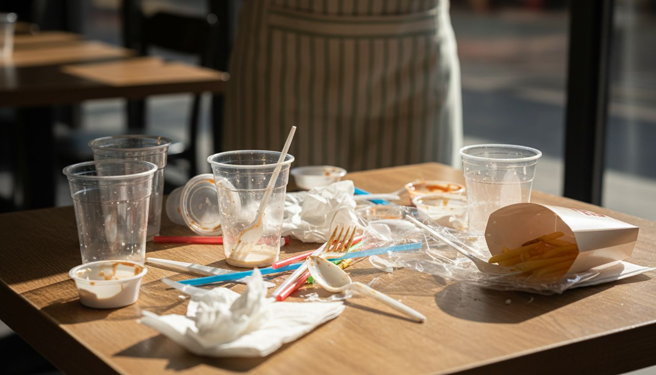 Verschillende soorten plastic wegwerpartikelen liggen verspreid over de restauranttafel.