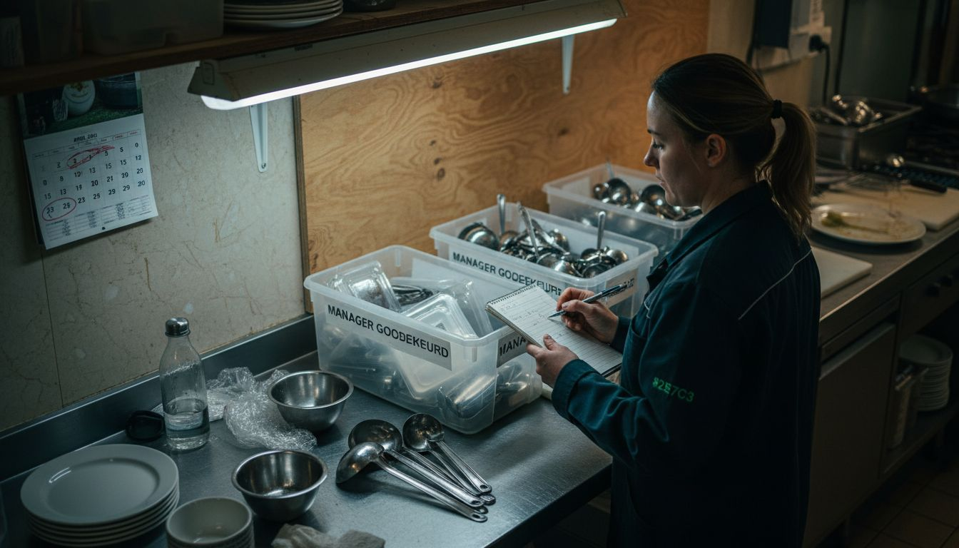 Een toezichthouder bekijkt hoe plastic afval in de keuken wordt verwerkt en waar het naartoe gaat.