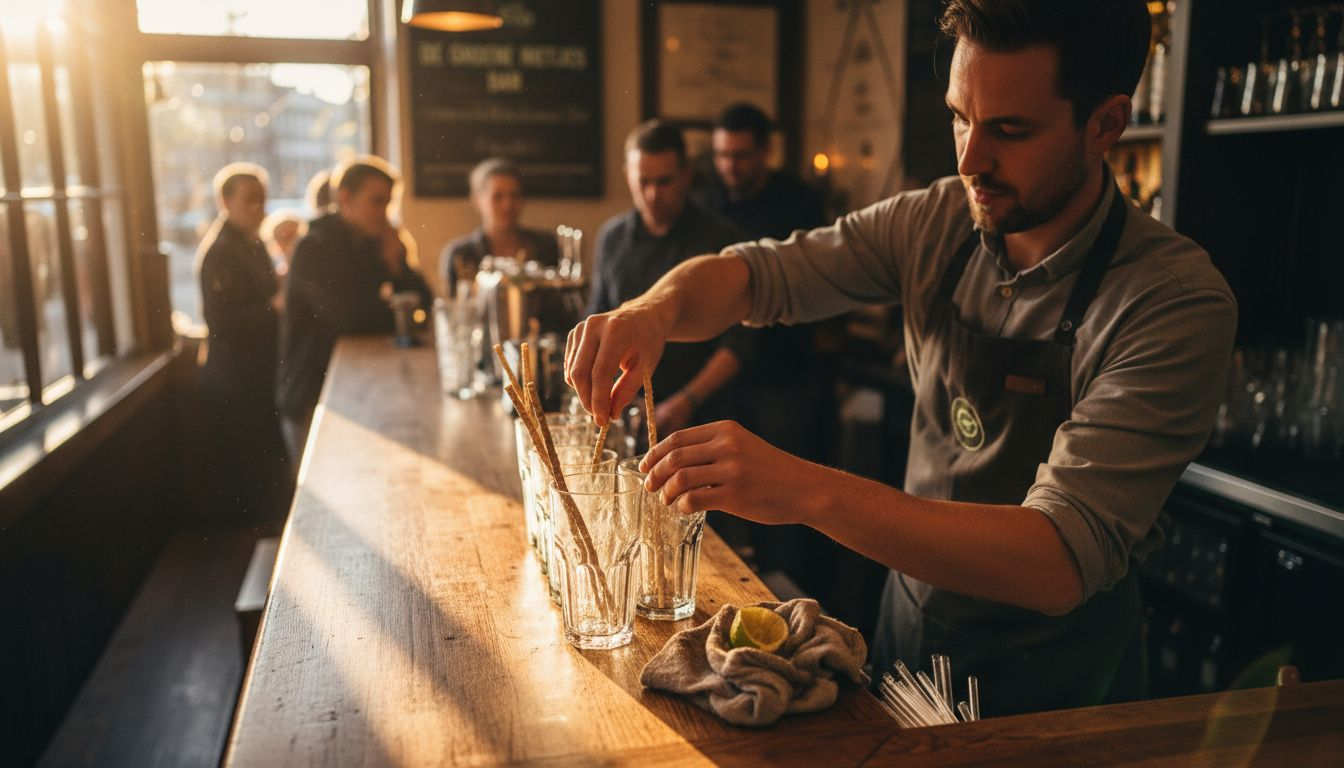 De barman doet biologische rietjes in de glazen.