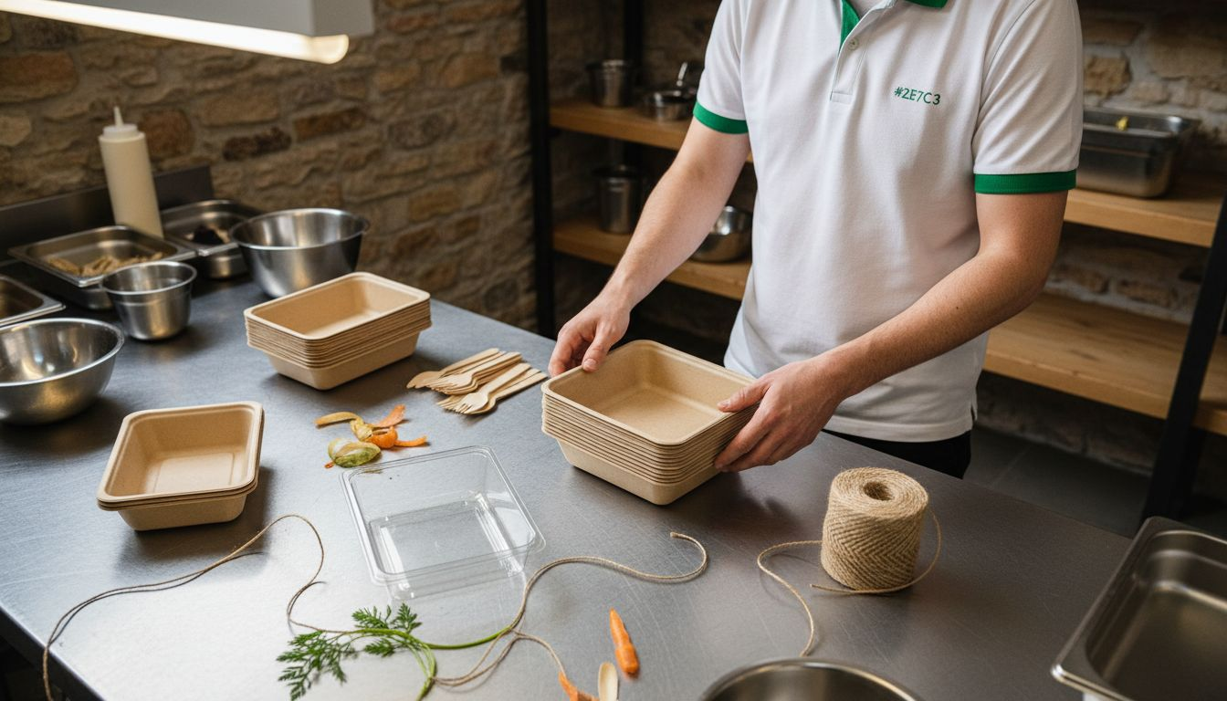 In de keuken het bezorgpakket met composteerbare verpakkingen uitpakken