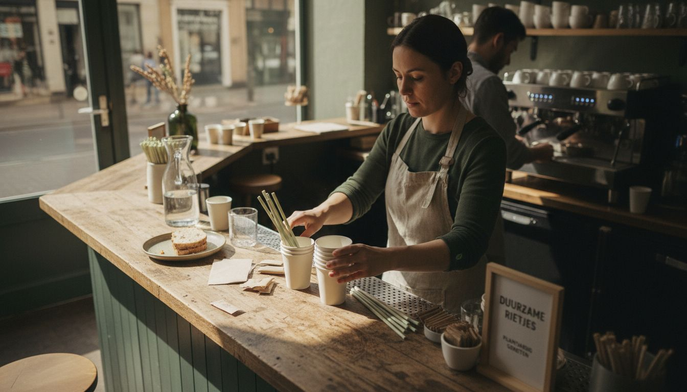 Een serveerster zet herbruikbare rietjes en bekers van plantaardig materiaal netjes klaar.