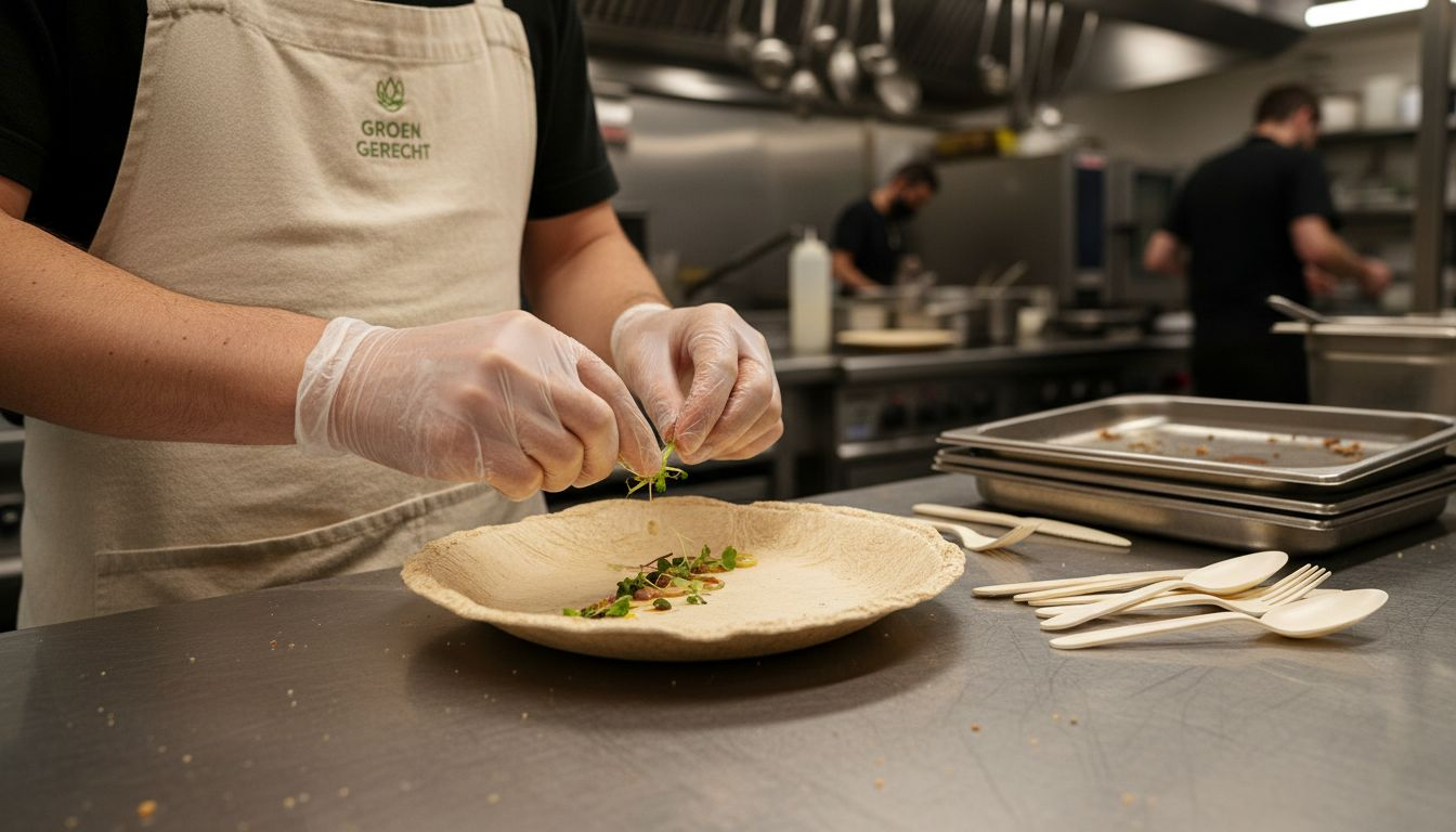 Een chef-kok die zijn gerechten op duurzaam servies serveert van plantaardig materiaal.