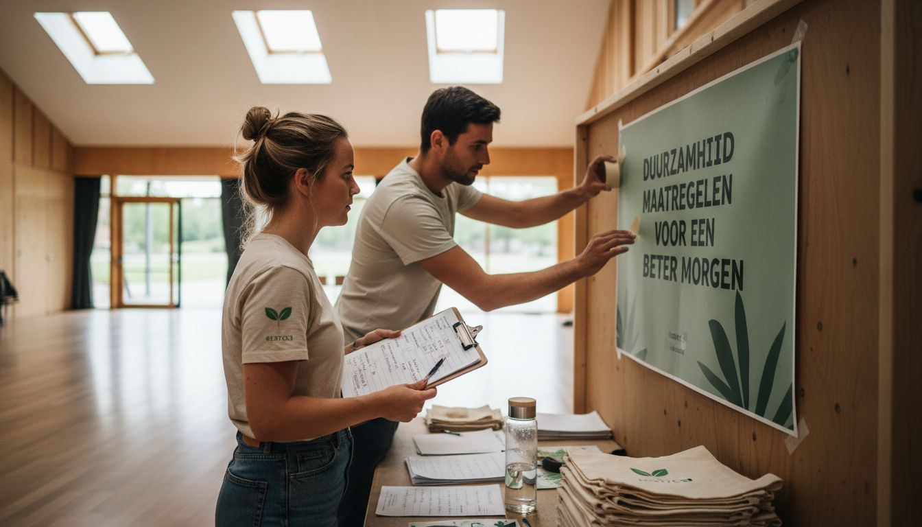 Het team treft duurzame voorbereidingen voor de stand op het evenement.