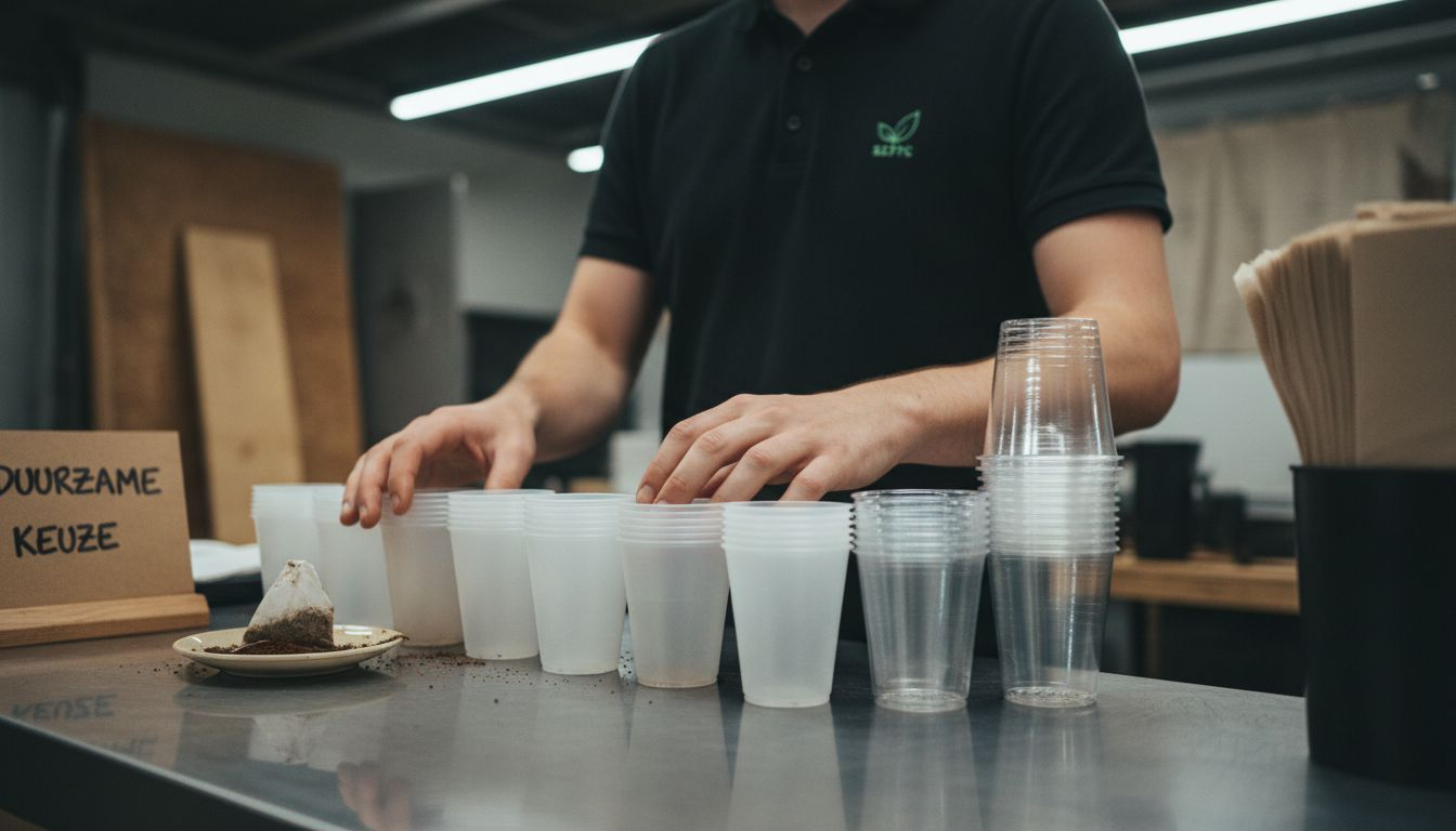 Barista laat het verschil zien tussen PLA- en plastic bekers