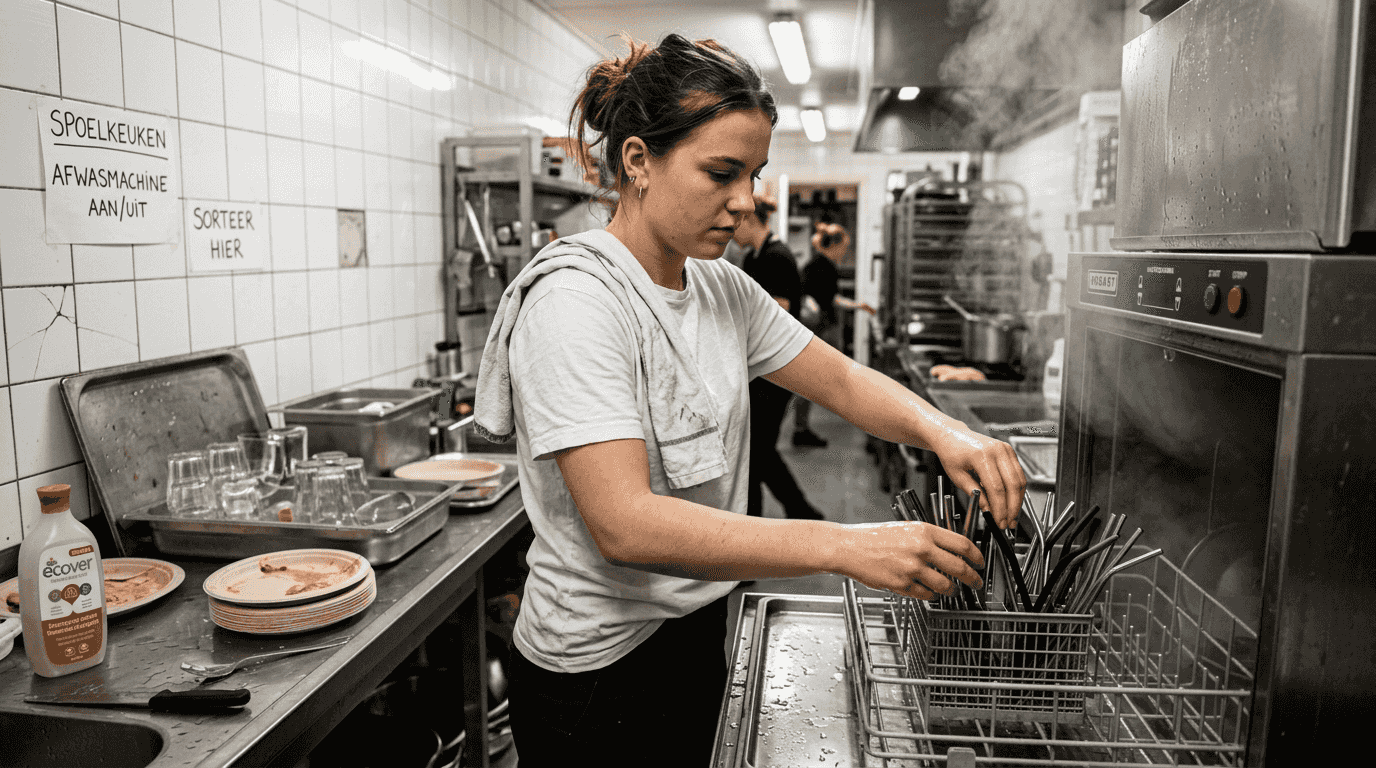 De medewerker vult de voorraad herbruikbare rietjes in de keuken aan.
