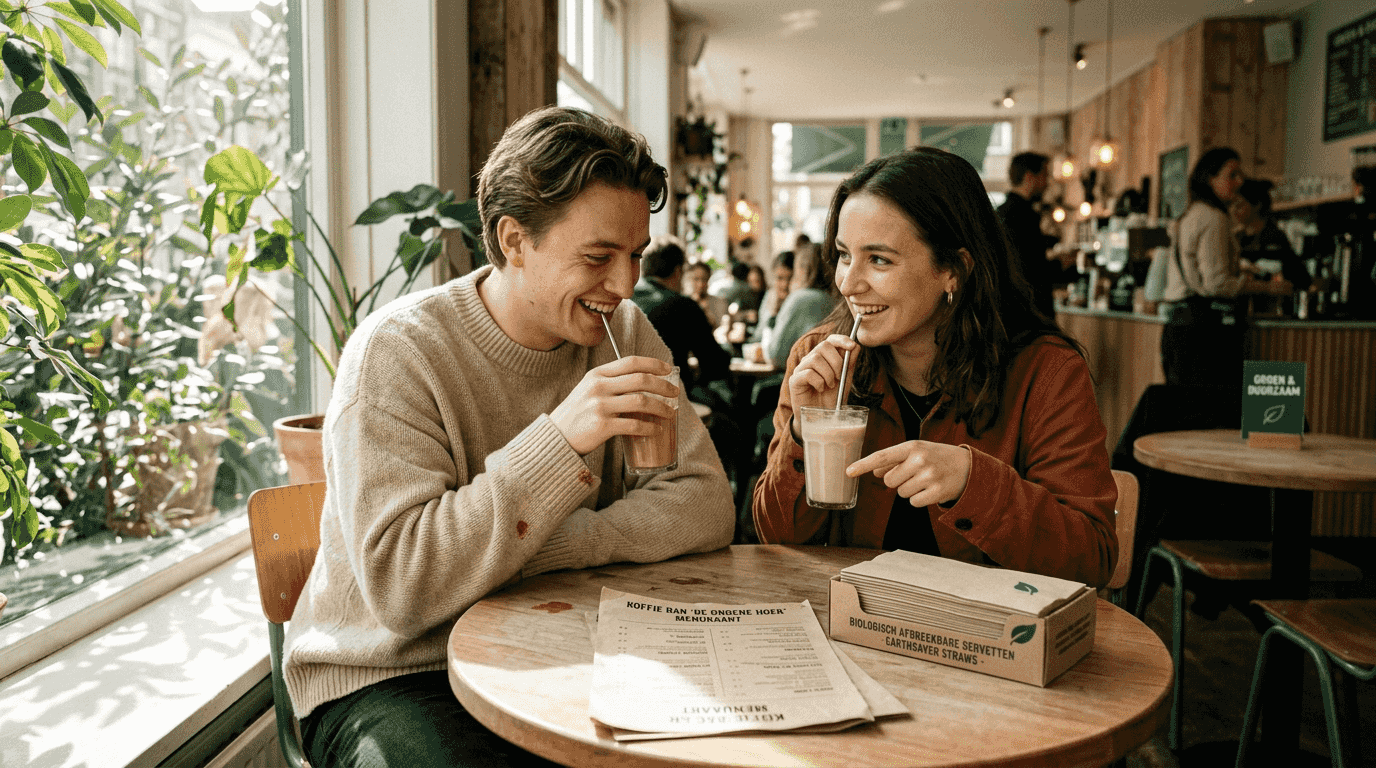 Een stel geniet van hun koffie in een café en kiest bewust voor duurzame bekers.