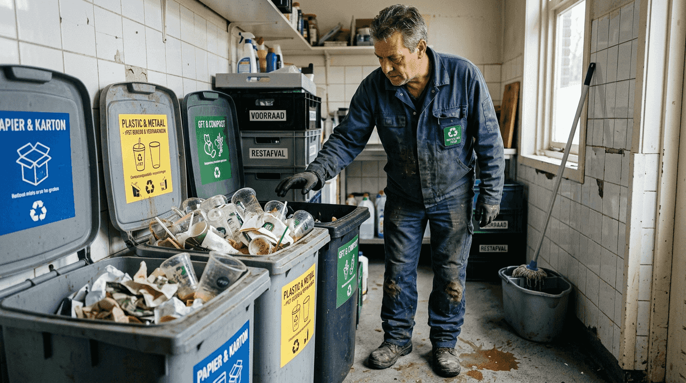 Een schoonmaker die afval scheidt voor het recyclen in een restaurant.