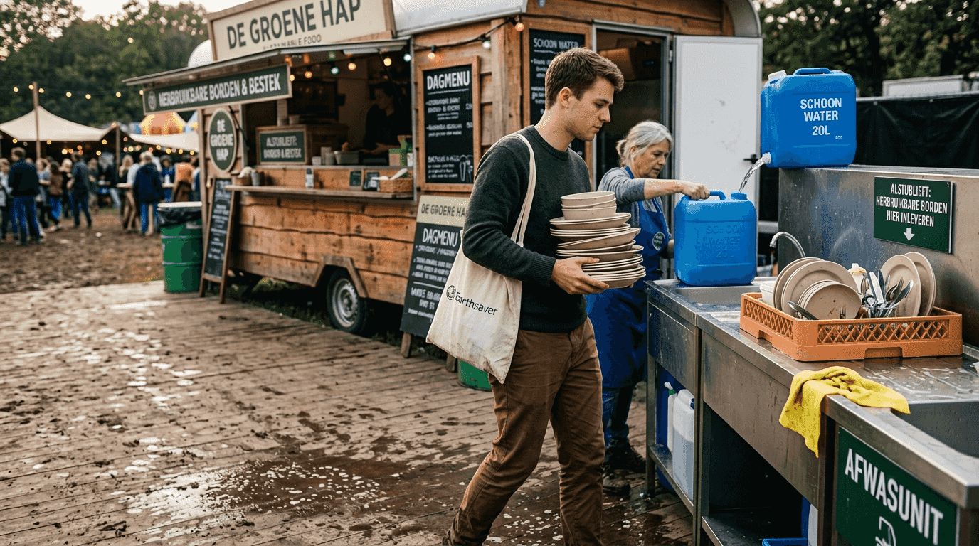 Op het festival kun je gebruik maken van herbruikbare borden, die je na afloop eenvoudig bij het afwaspunt kunt inleveren.
