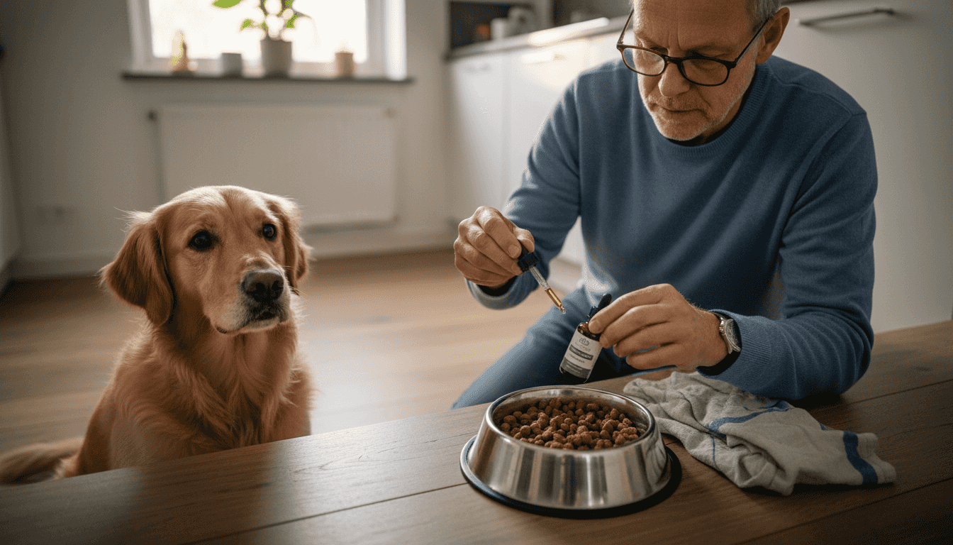 Een man voegt een paar druppels cbd-olie toe aan het voer van zijn hond.