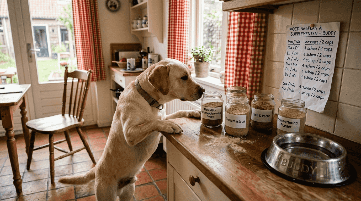 Een hond die met zijn neus bij de potjes voedingssupplementen op het aanrecht snuffelt.