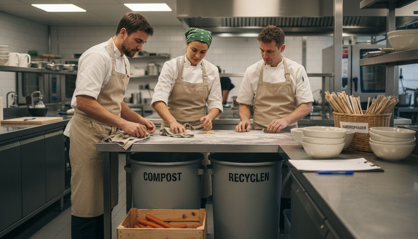 In de cateringkeuken zijn medewerkers druk bezig met het scheiden van etensresten om voedselverspilling tegen te gaan.