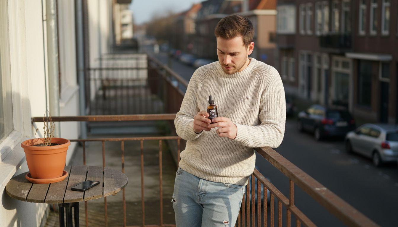 Man verdiept zich in CBD-olie op zijn balkon