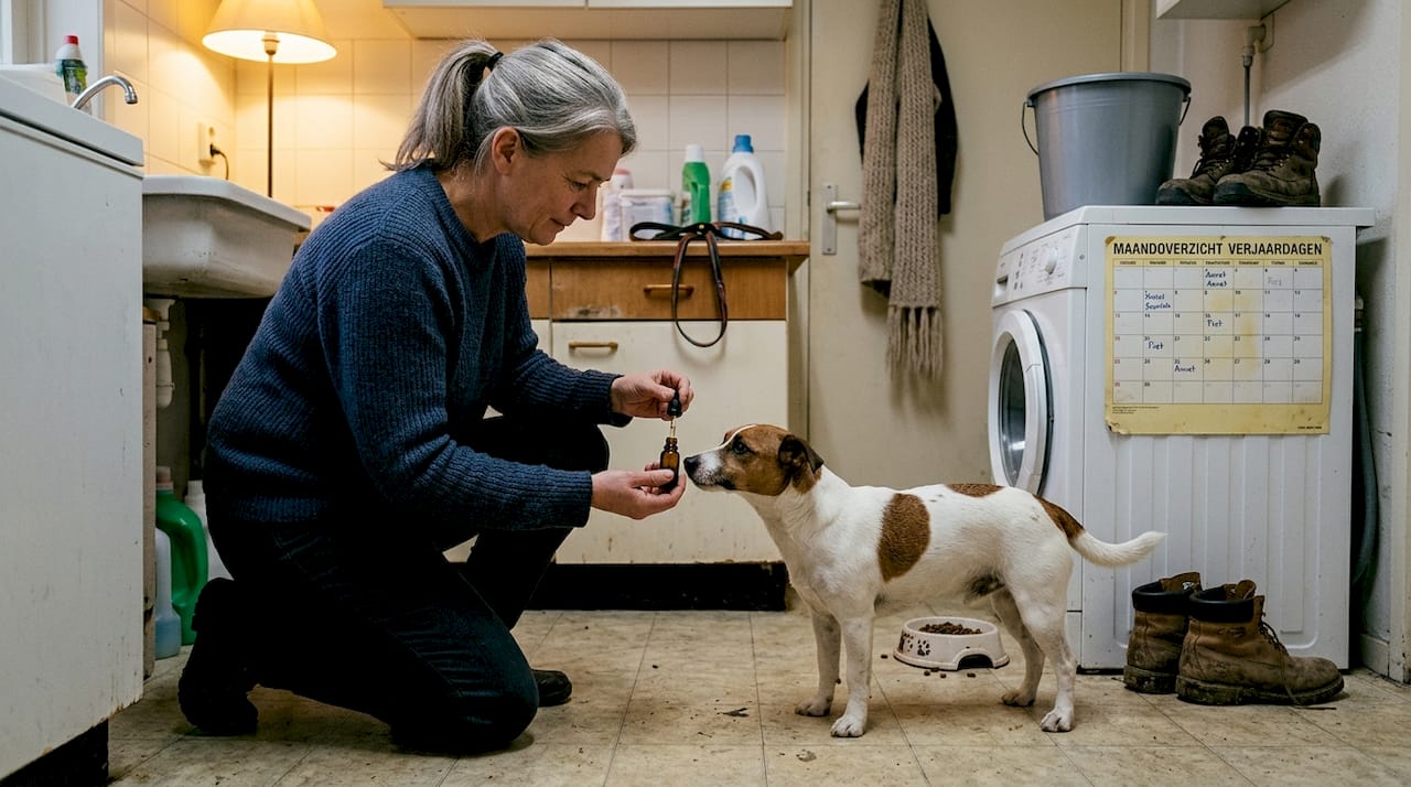 In de bijkeuken geeft een vrouw haar hond een voedingssupplement.
