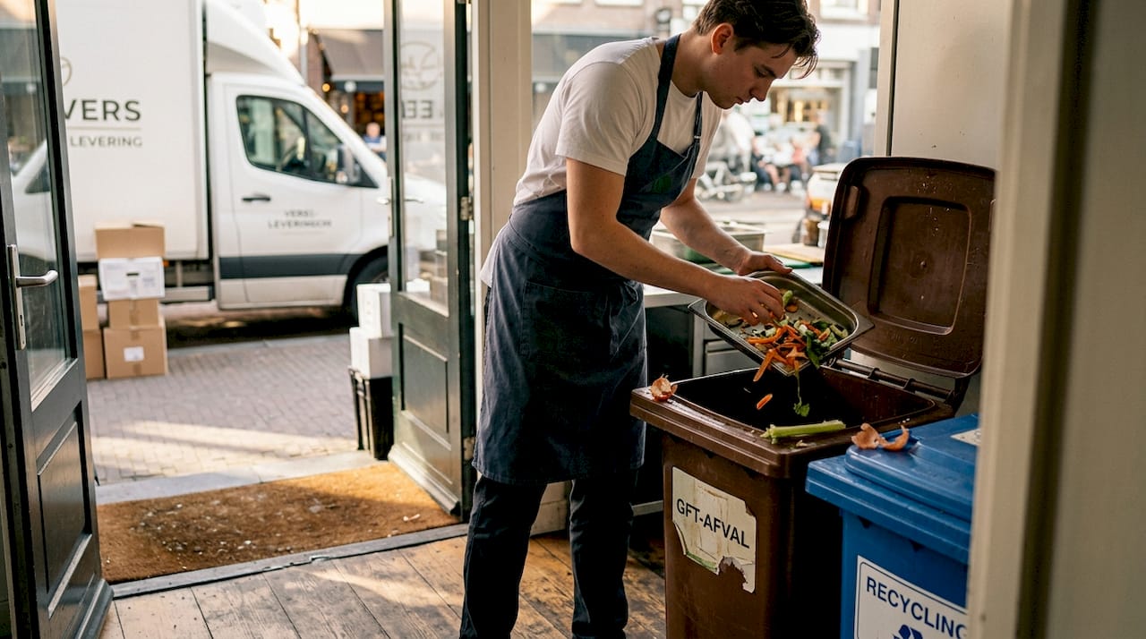 In het restaurant zijn de medewerkers druk bezig met het scheiden van afval, zoals compost en recyclbare materialen. Zo dragen ze bij aan een duurzamere bedrijfsvoering.