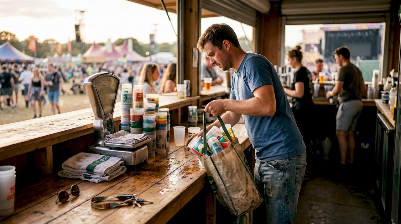 Man levert zijn herbruikbare bekers weer in bij de bar