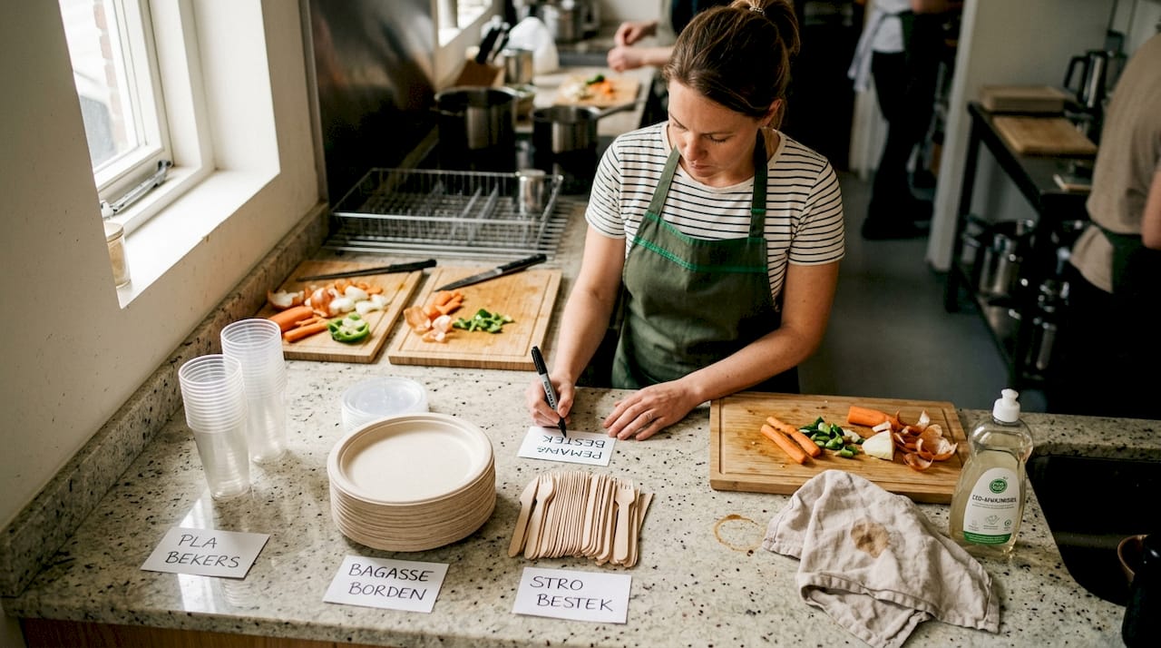 Op het aanrecht staan een biologisch bord en bekers klaar.