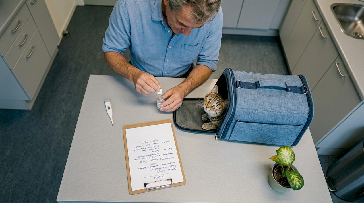 Een dierenarts stelt een homeopathisch middel samen voor een kat.