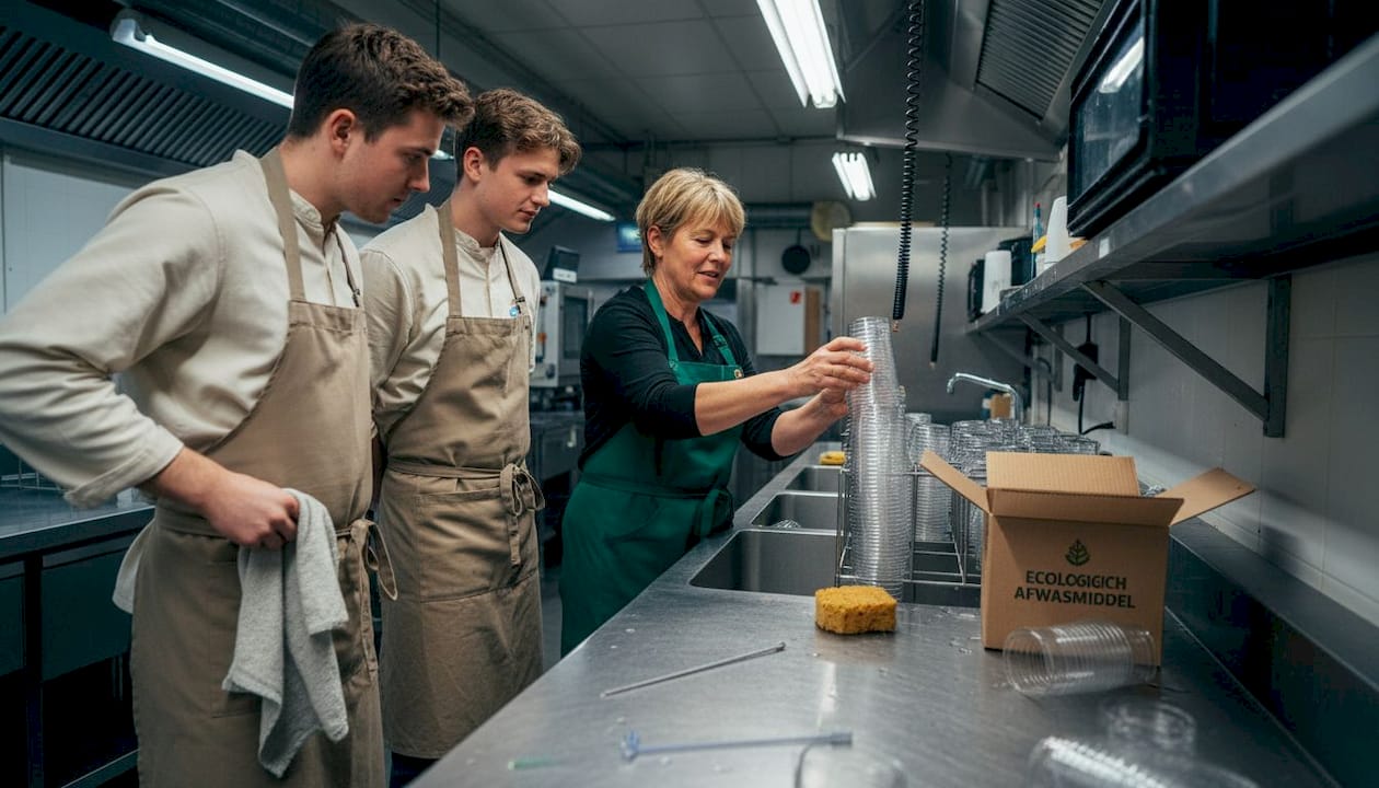 Het personeel krijgt training in het schoonmaken van herbruikbare bekers voor evenementen.