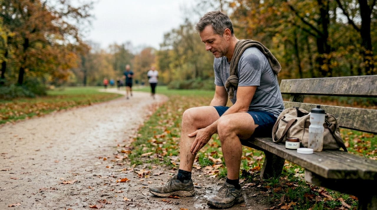 Na een intensieve training smeert de atleet CBD-zalf op zijn spieren om sneller te herstellen.