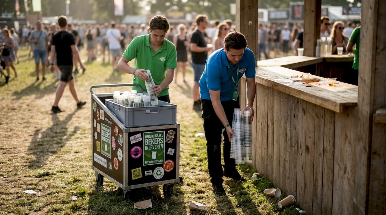 Medewerkers van het festival verzamelen buiten de herbruikbare bekers.