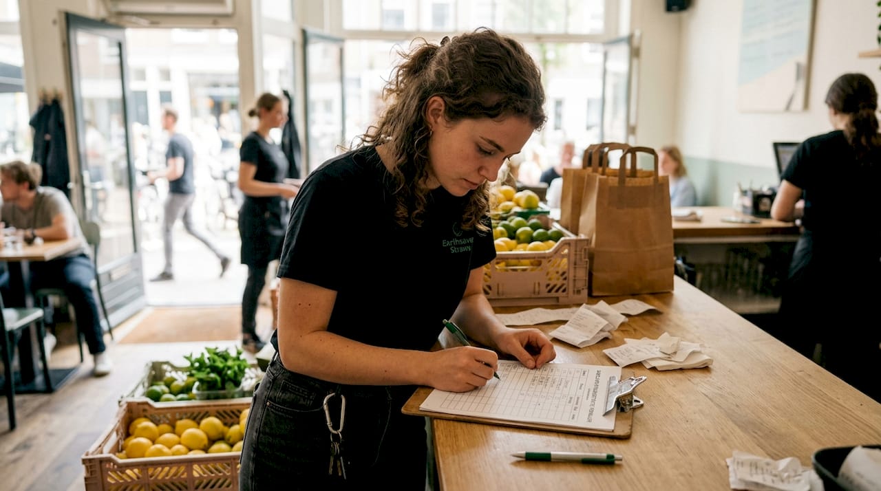 Tijdens de food waste challenge houdt de manager nauwkeurig bij hoeveel voedsel er wordt weggegooid.