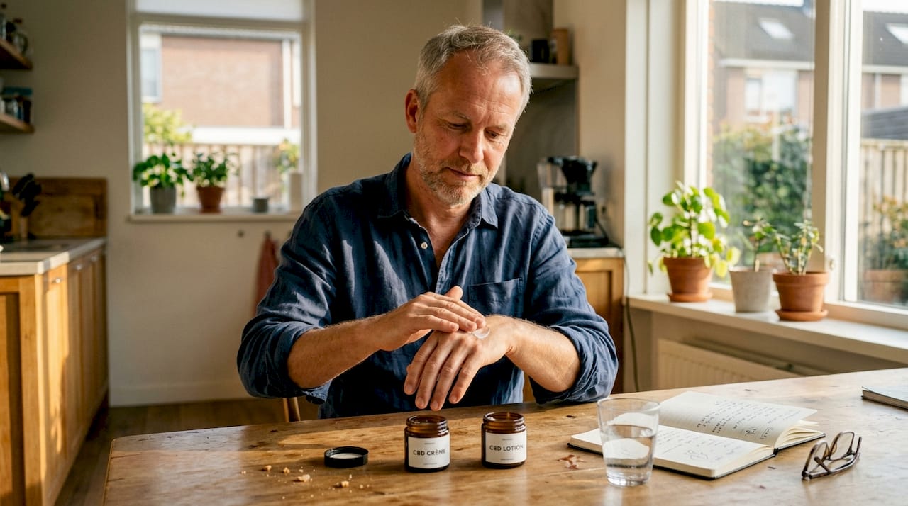 Man bekijkt en vergelijkt CBD-crème en -lotion aan de keukentafel