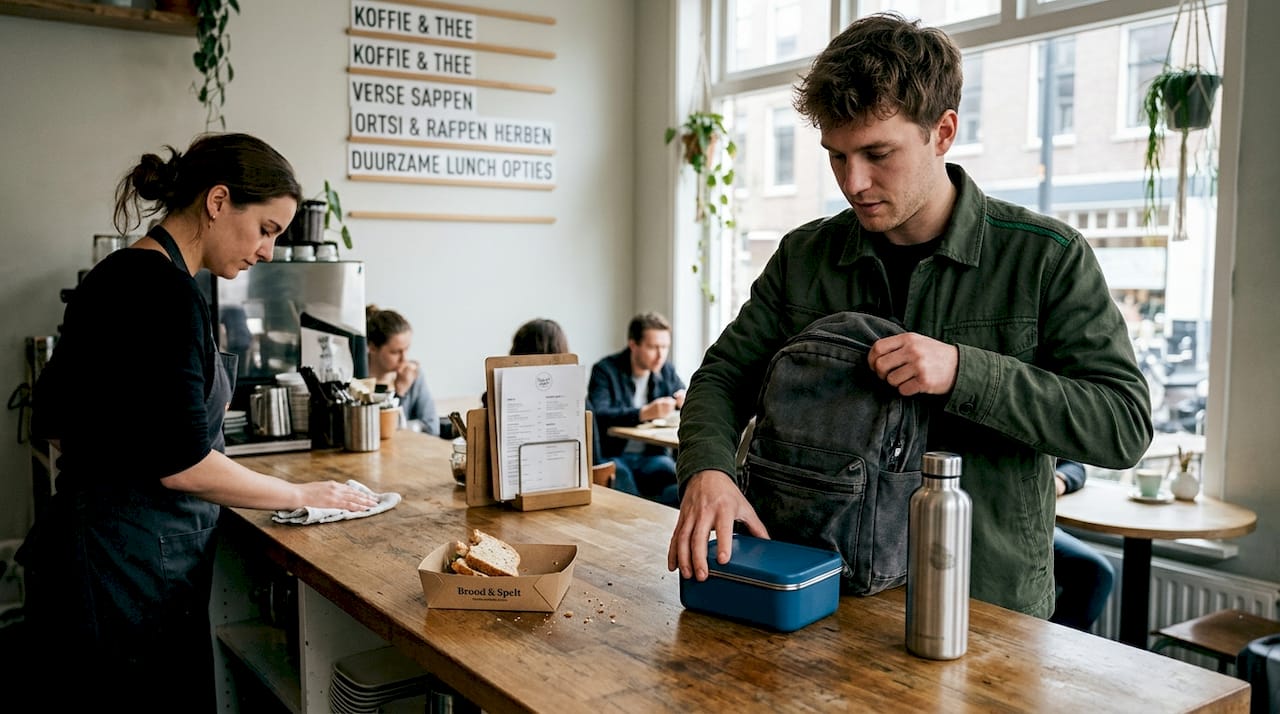 Man eet eigen meegebrachte lunch in lunchroom