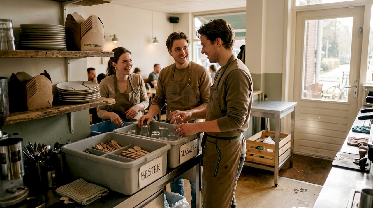 Het team van het café werkt samen om plasticvrije producten te sorteren.