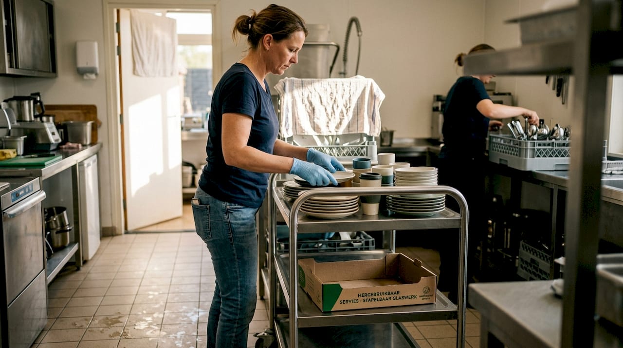 Medewerkers die herbruikbaar servies voor de catering sorteren en klaarzetten