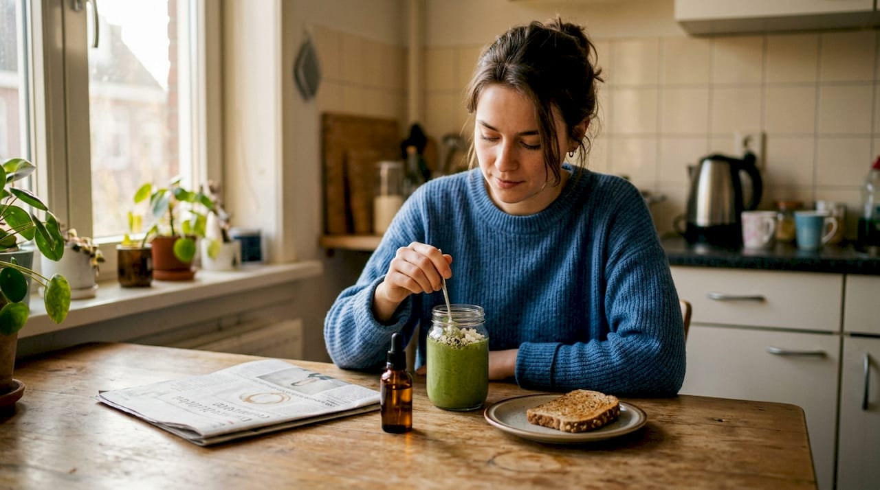 Vrouw voegt CBD-olie toe aan haar ontbijtshake