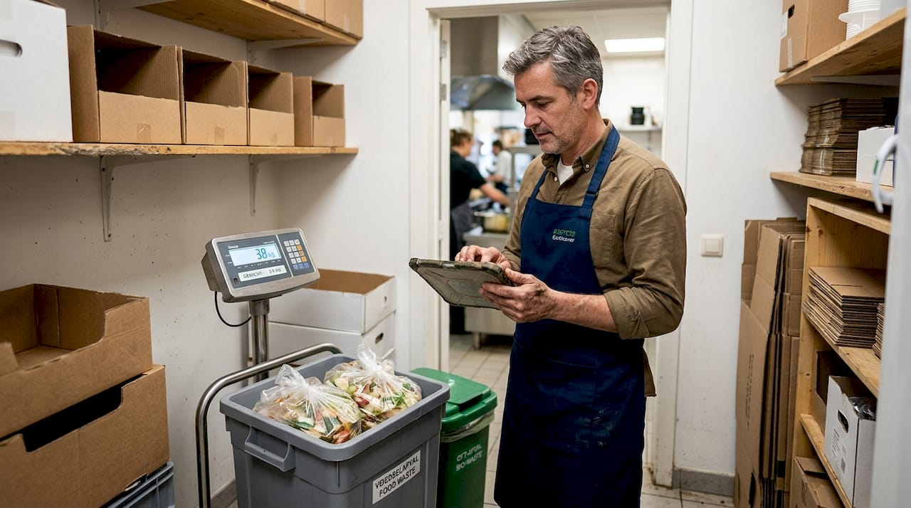 De restaurantmanager houdt bij hoeveel eten er wordt weggegooid.