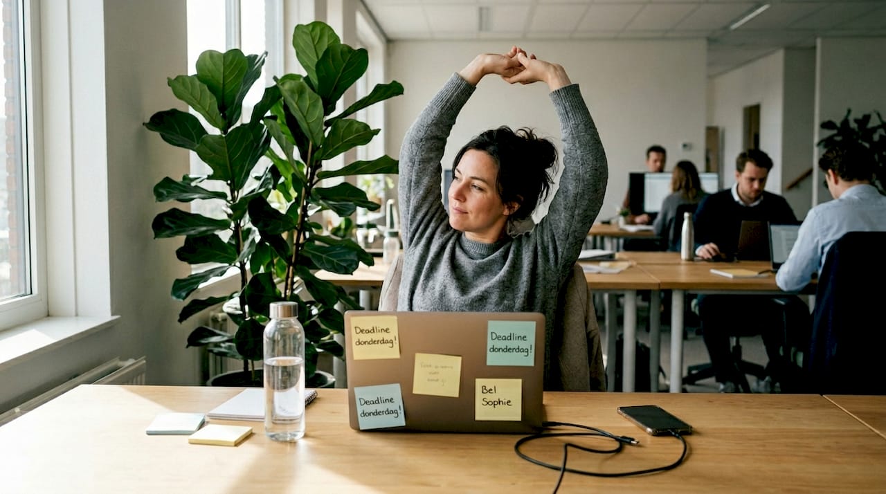 Vrouw neemt even een momentje voor zichzelf op het werk