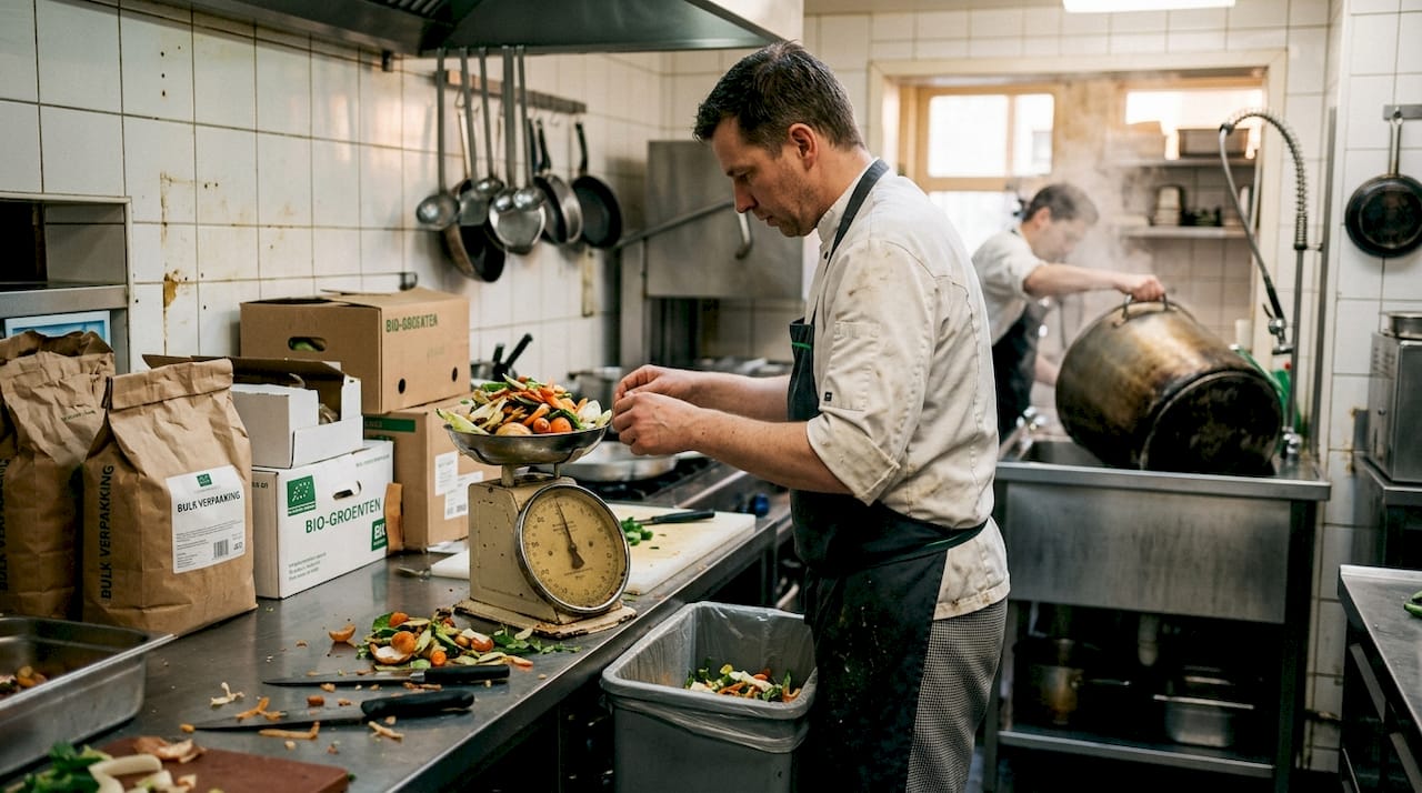 In een drukke keuken houdt de chef nauwkeurig bij hoeveel voedsel er overblijft.
