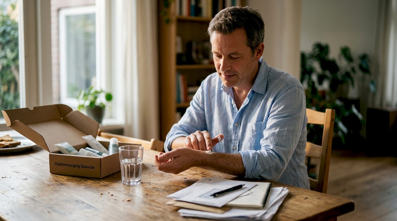 Man probeert huidverzorgingsproduct uit op zijn pols thuis