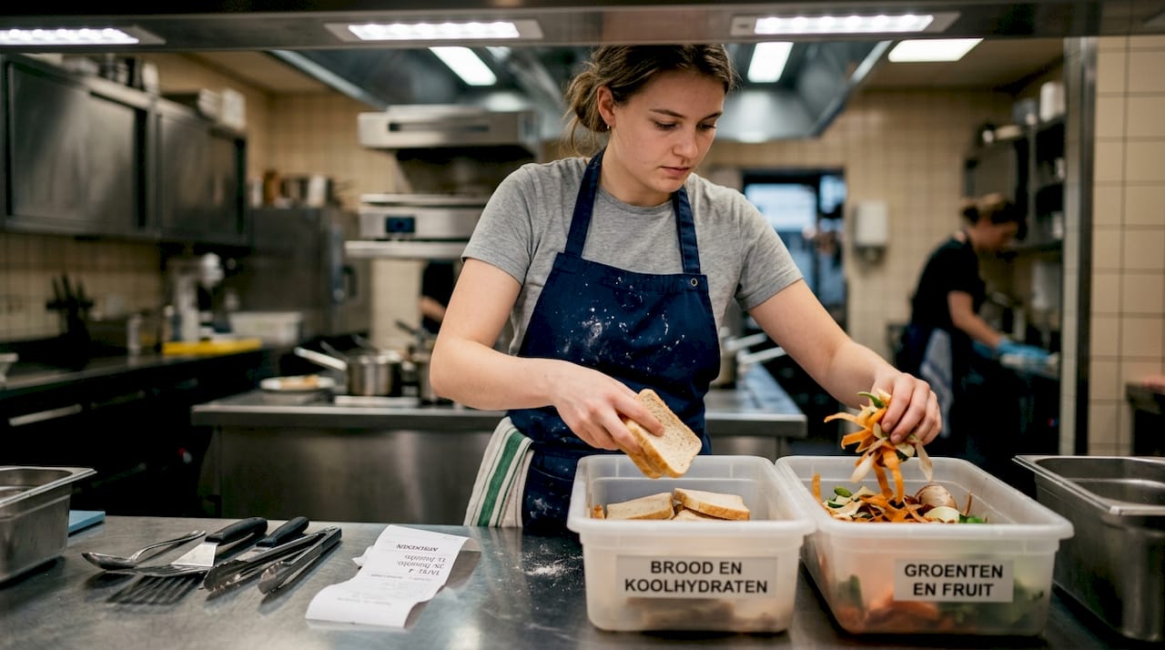 De souschef sorteert het keukenafval zorgvuldig om alles goed te scheiden.
