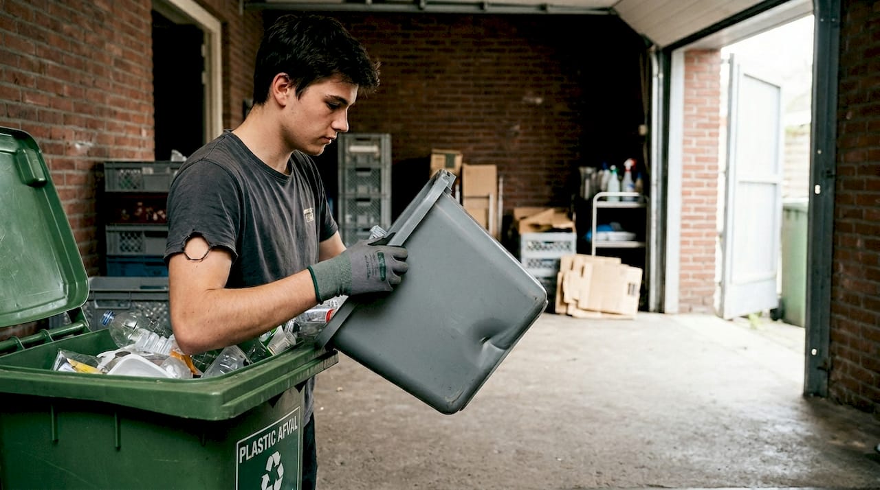 Een medewerker in de horeca zorgt ervoor dat plastic afval op de juiste manier wordt gescheiden.
