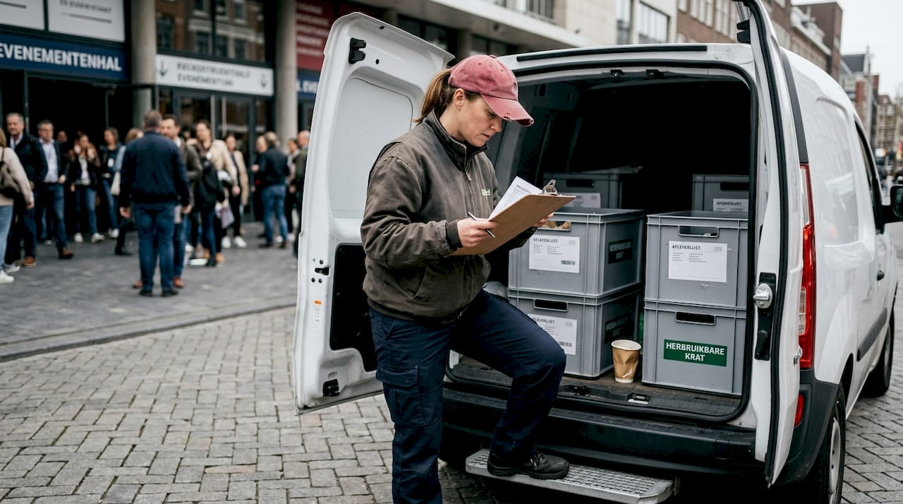 Bezorging met een elektrische bestelbus op de evenementenlocatie