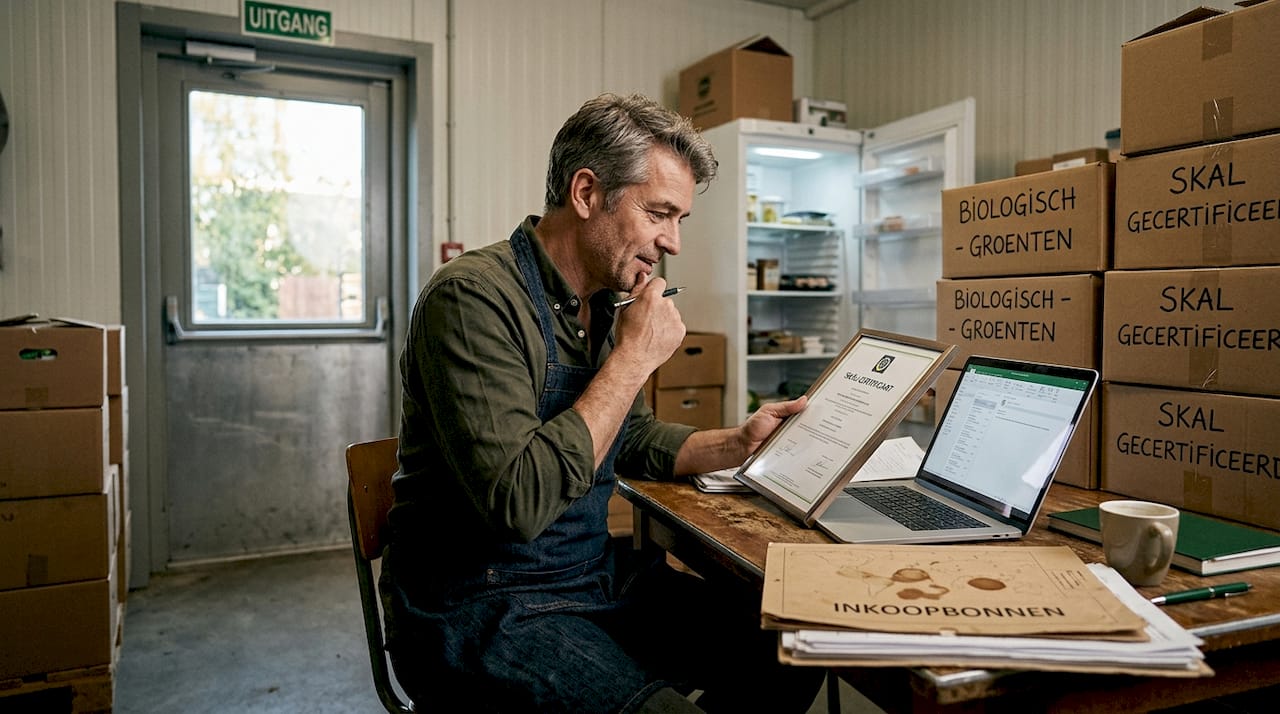 Een medewerker in de horeca kijkt of de leverancier een geldig Skal-certificaat heeft.