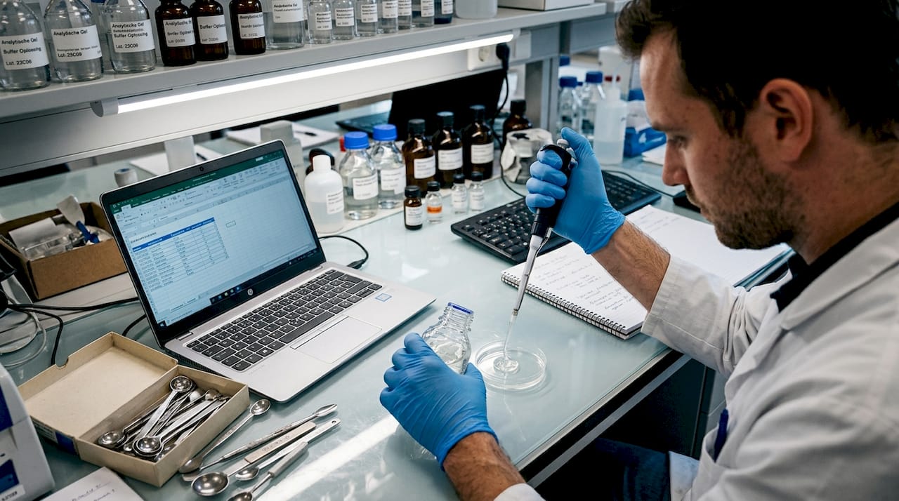 Een laboratoriummedewerker onderzoekt CBD-crème op werkzaamheid en kwaliteit.