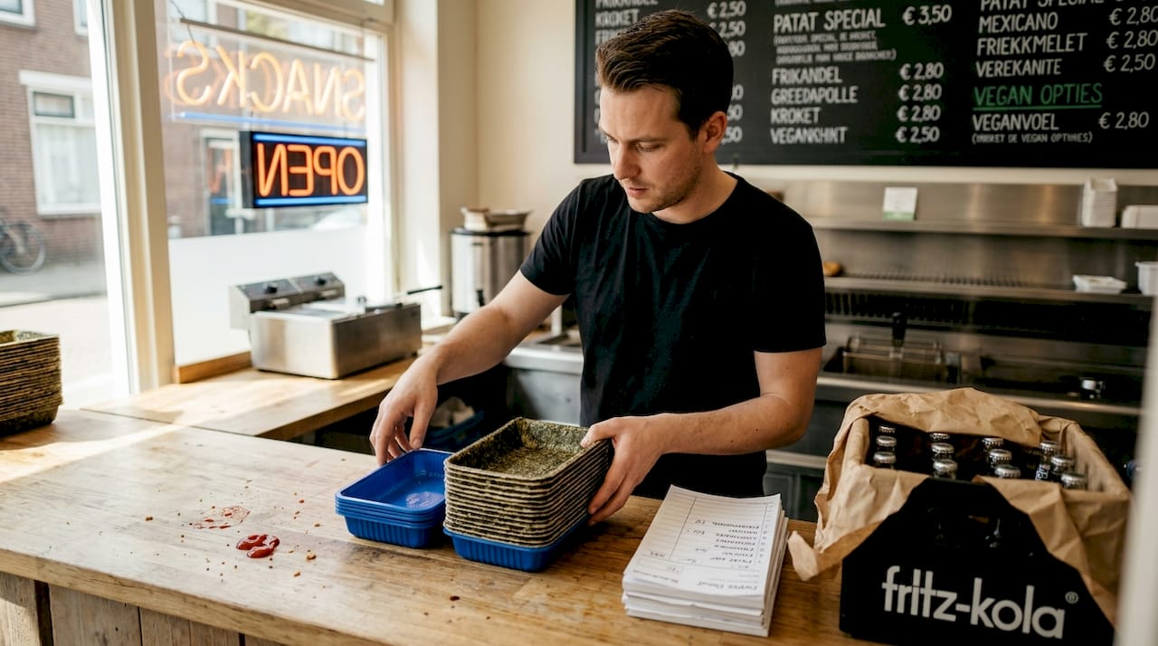 Het personeel zorgt ervoor dat de snacks worden uitgedeeld op biologisch afbreekbare en plastic schaaltjes.