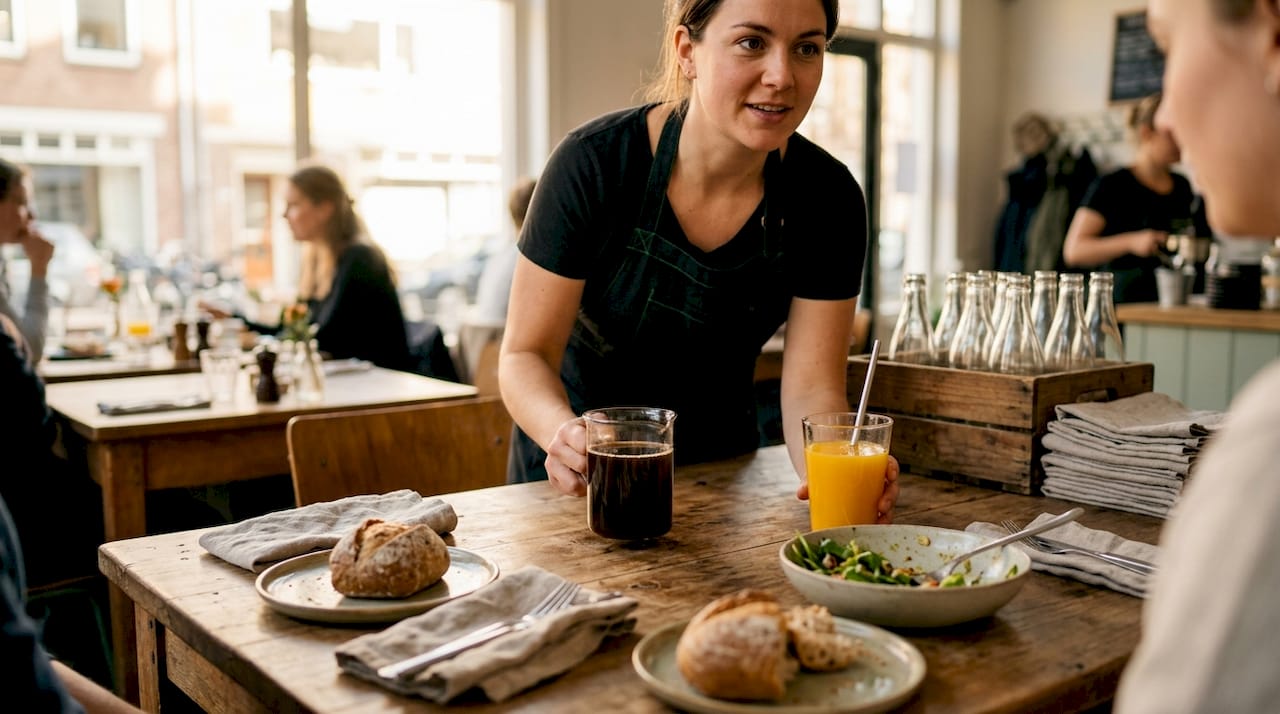 Barista schenkt koffie en lunch zonder plastic wegwerpverpakkingen