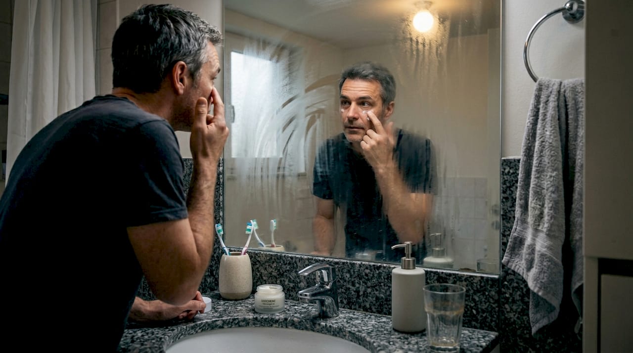 Een man brengt oogcrème aan voor de spiegel in zijn dagelijkse badkamerroutine.