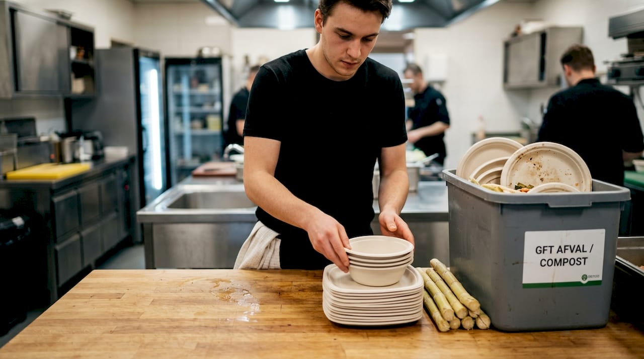Een medewerker legt in de keuken netjes de borden van bagasse op hun plek.
