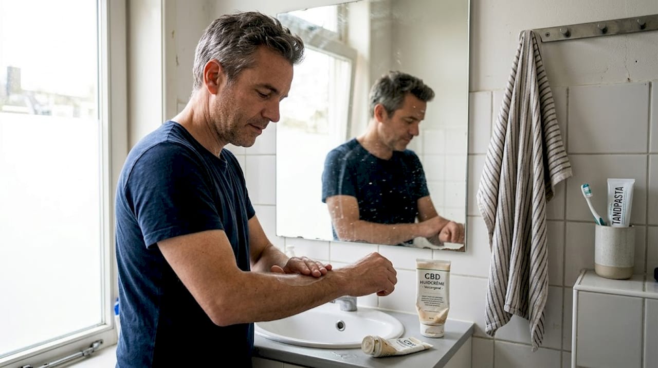 Een man smeert CBD-crème op zijn huid terwijl hij in de badkamer staat.