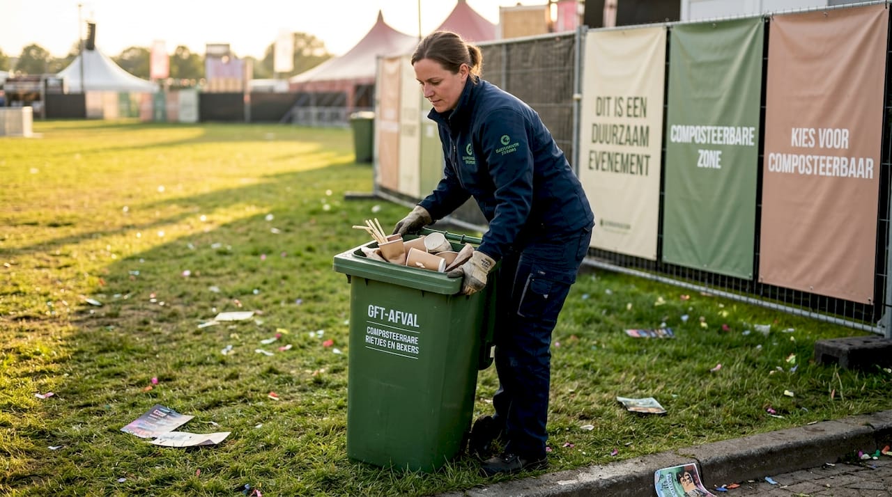 Inzameling van composteerbare rietjes op festivals