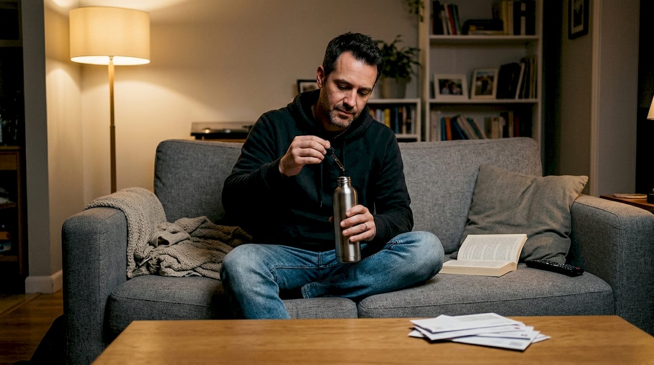 Een man neemt CBD-olie om tot rust te komen.