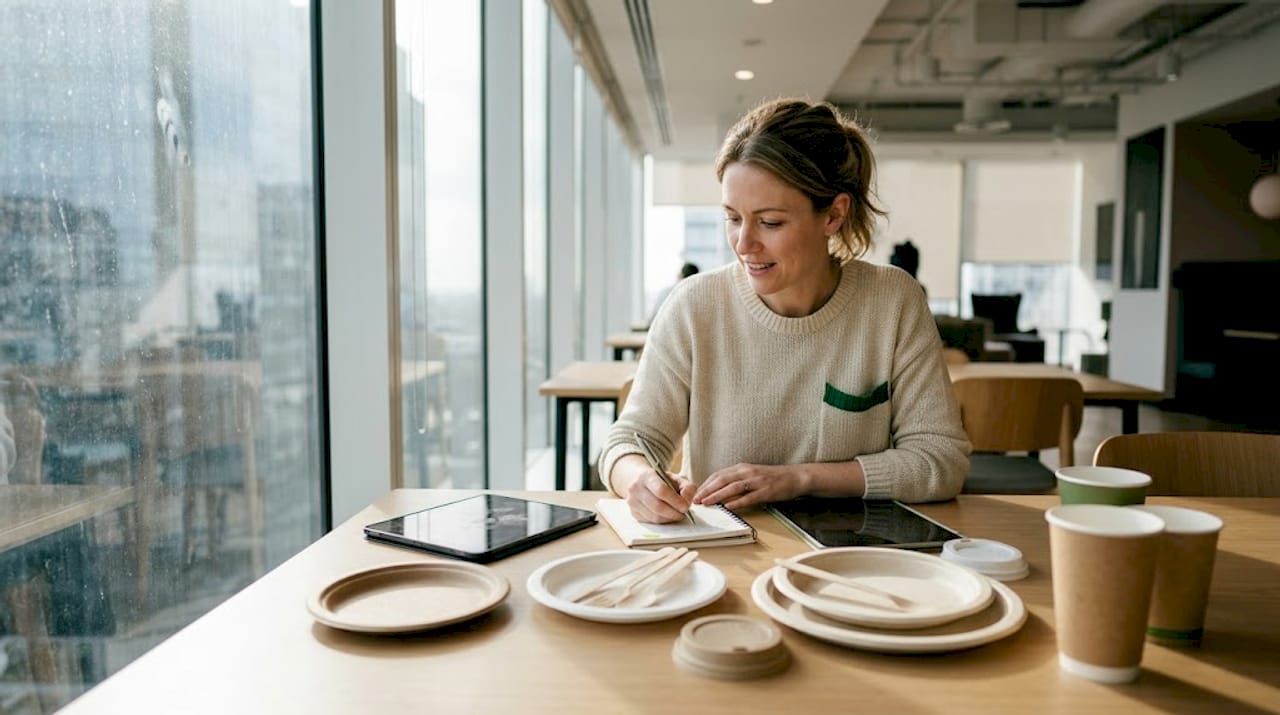 Een consultant beoordeelt verschillende duurzame wegwerpproducten.